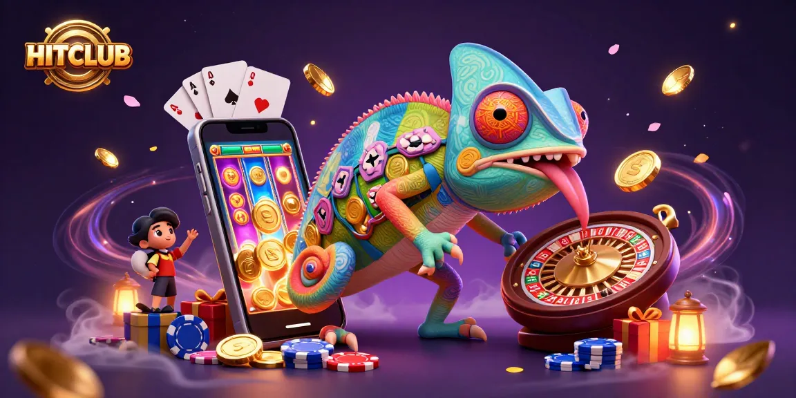 Experience the vibrant world of HITCLUB with a chameleon casino owner surrounded by thrilling games and golden coins.