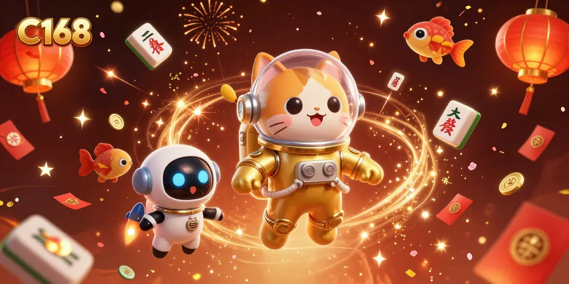 C168 showcases a vibrant online casino scene with a space cat and a robot dog enjoying festive gambling elements.