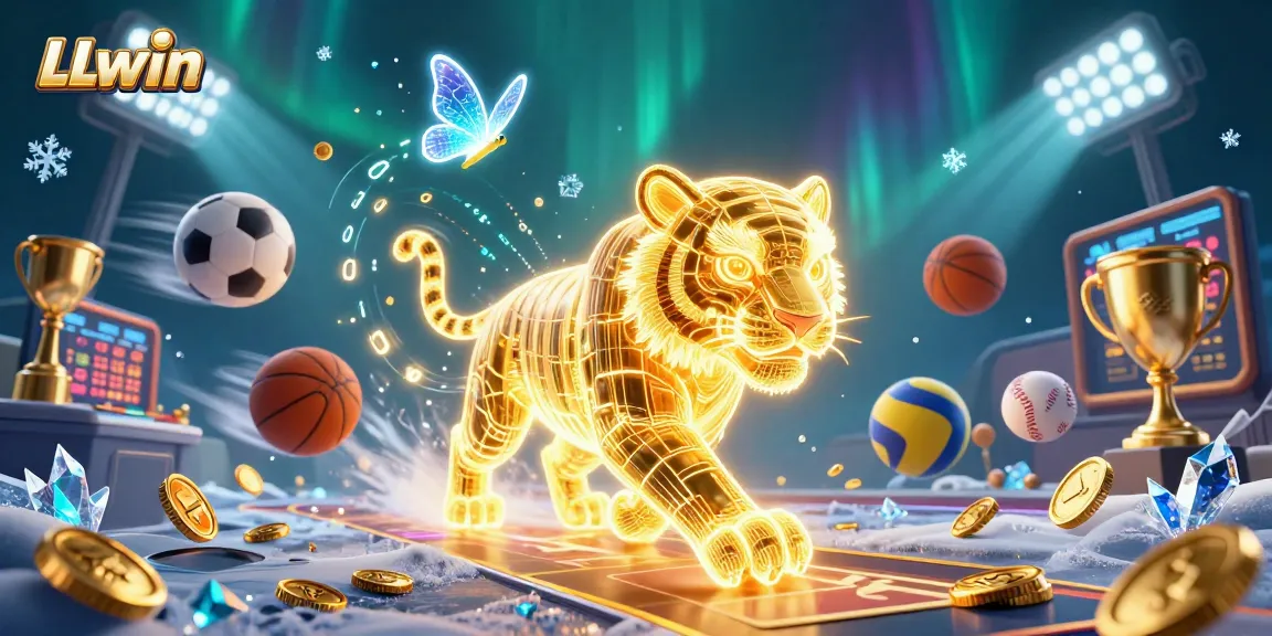 LLwin casino scene features a golden tiger amidst sports betting elements and dynamic graphics.