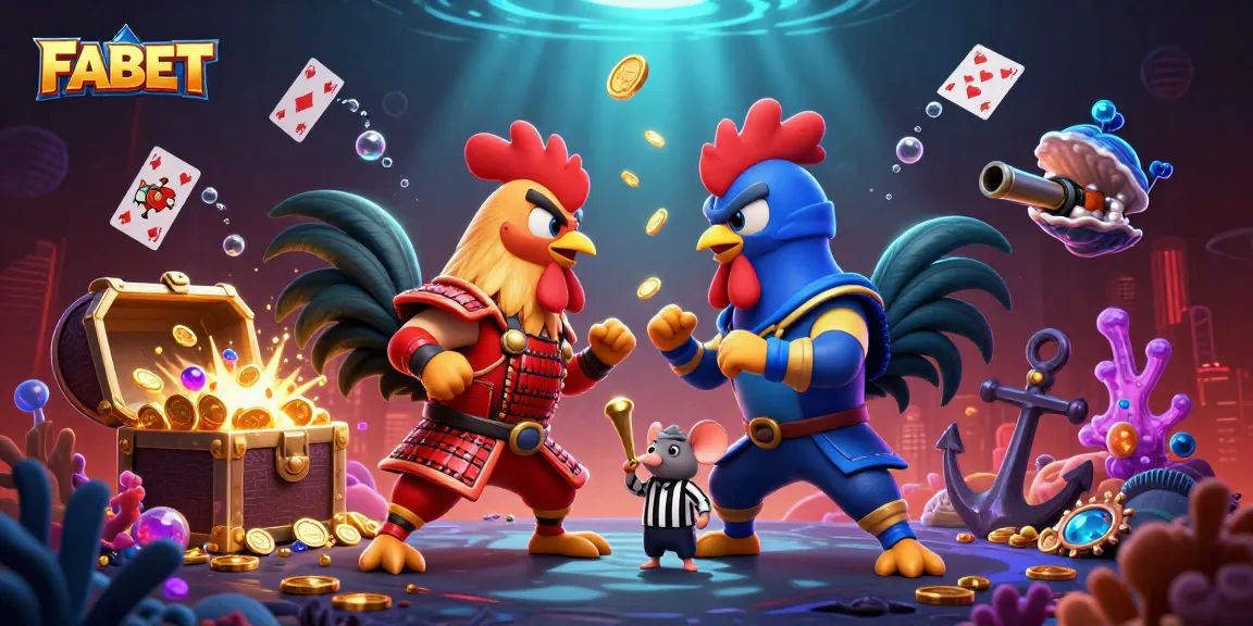 Experience the thrill of FABET as cartoon fighting roosters compete amidst sparkling treasures.