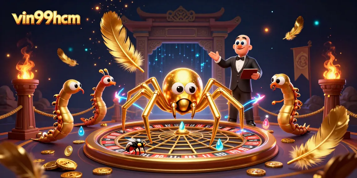 Experience thrilling bets at vin99hcm with a golden spider roulette wheel and animated characters.