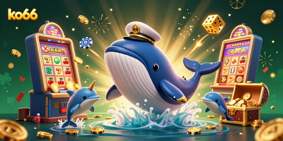 Experience fun with ko66 in this animated casino scene featuring playful dolphins and a jackpot explosion.
