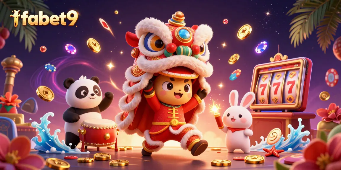 Engage with fabet9's vibrant casino scene featuring a festive lion dance and dynamic gaming elements.