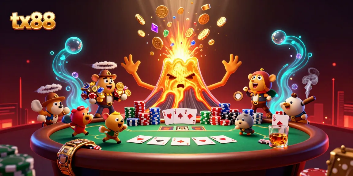 Win big at tx88 with a triumphant volcano and treasure-fleeing explorers surrounded by poker elements!