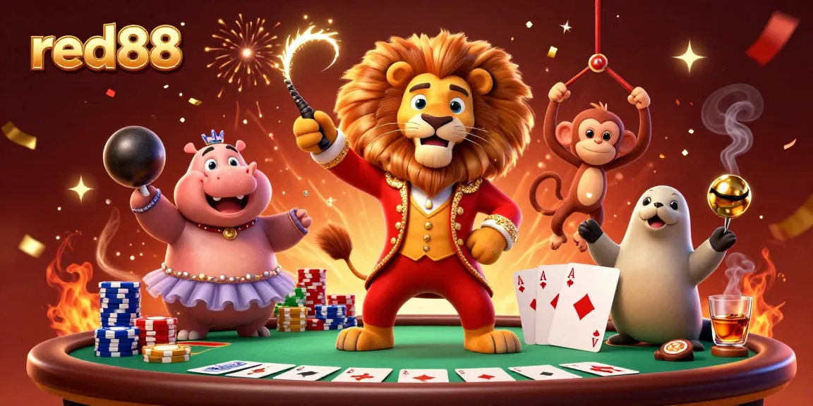 Experience the thrill of red88 with a lively circus-themed casino scene featuring diverse characters and games.