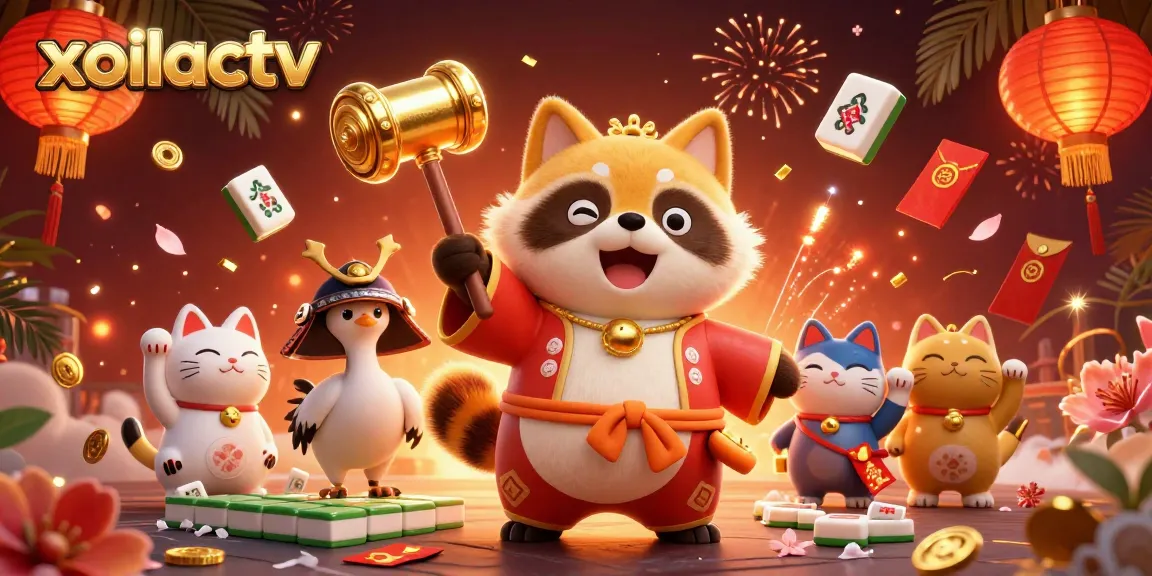 Join the fun at xoilactv with the cheerful tanuki and friends celebrating luck and fortune!