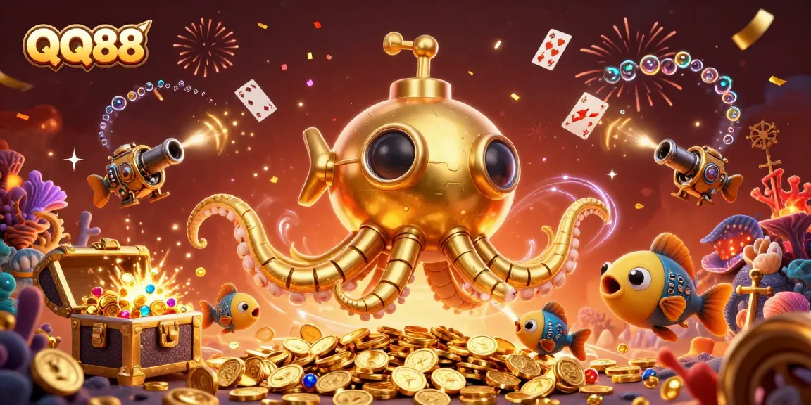 Experience thrilling moments with QQ88 in this exciting underwater gambling adventure illustration.