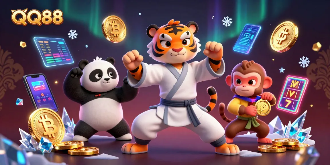 Experience the excitement of QQ88 with a playful casino scene featuring a kung fu tiger, panda, and a monkey.