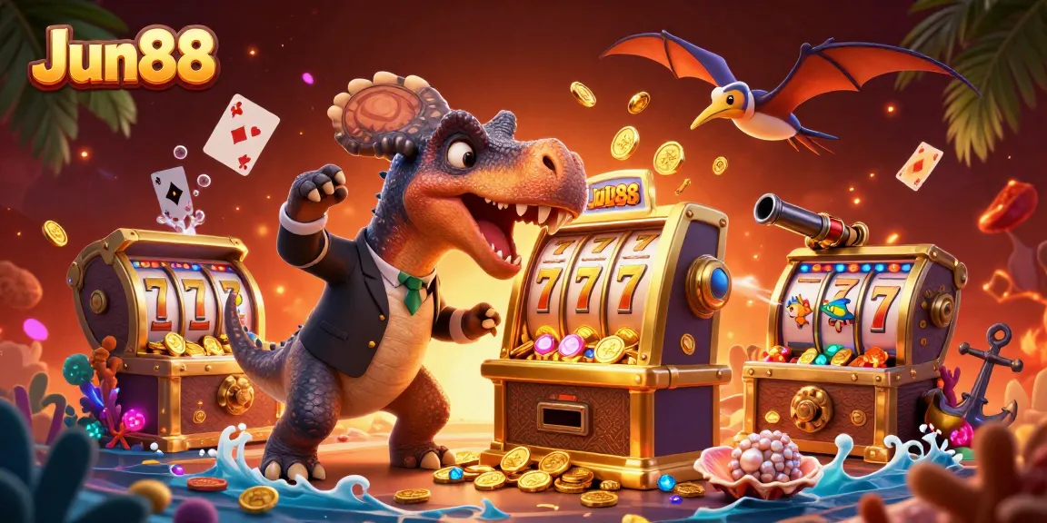 Jun88 presents a dynamic scene with dinosaurs headbutting slot machines for a jackpot.