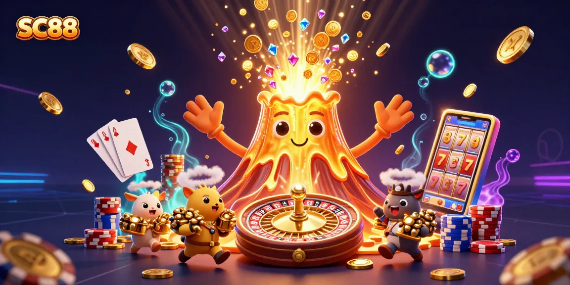Experience the excitement of SC88 with a vibrant volcano erupting coins and treasure in this thrilling casino scene.