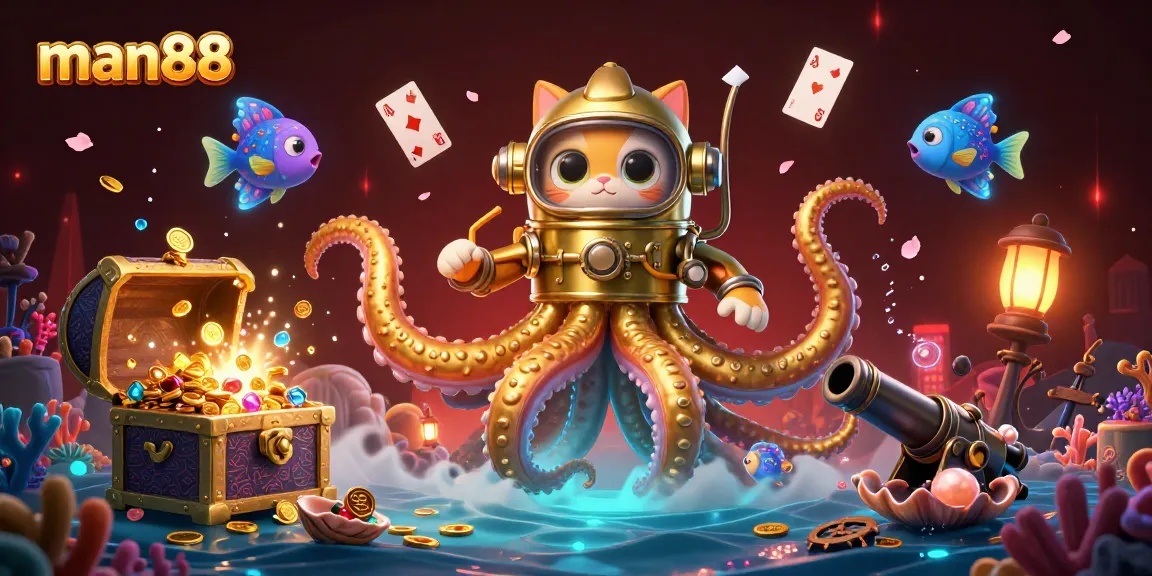 Experience thrilling gaming at man88 with an enchanting kraken and diving cat in a vibrant underwater scene.