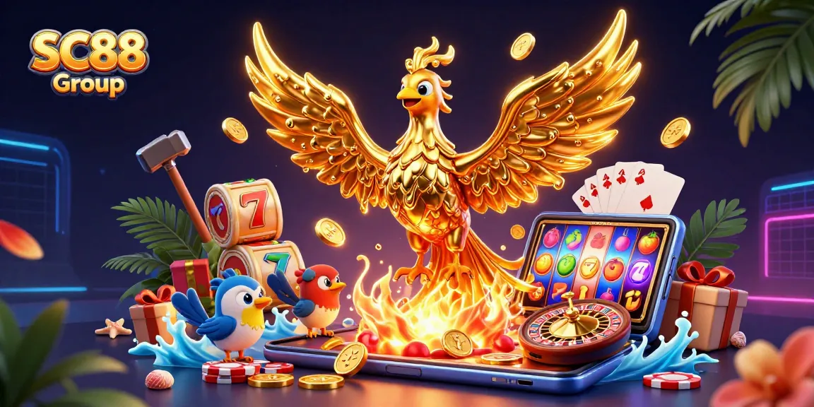 Win with the SC88 Group in a vibrant casino world featuring golden rewards and dynamic slot games.