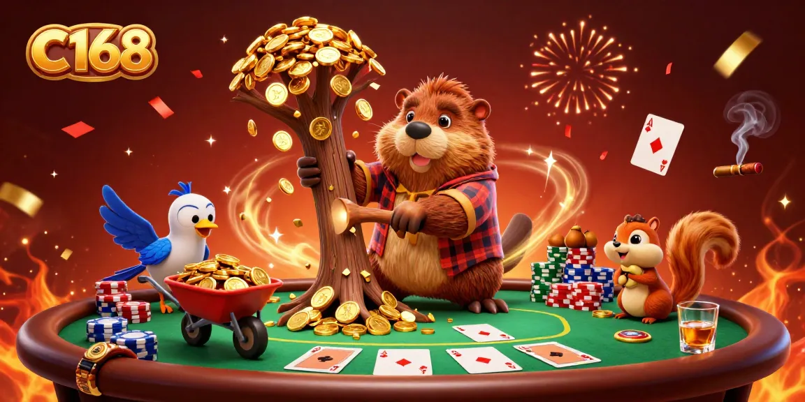 C168 showcases an exciting scene with a beaver collecting coins and poker elements in a vibrant casino environment.