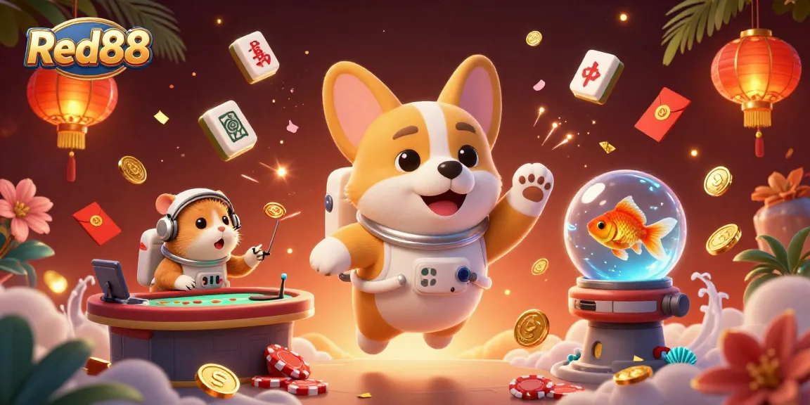 Experience thrilling gaming at Red88 with a vibrant 3D illustration showcasing excitement and unique characters.