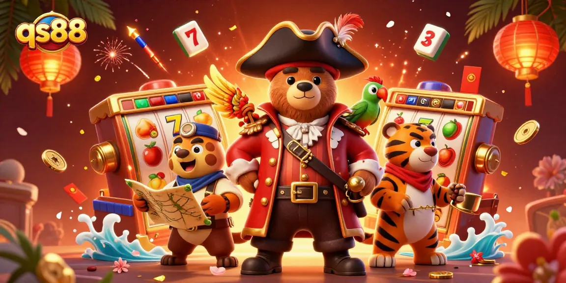 Engage in thrilling gambling adventures with qs88's vibrant 3D casino characters, showcasing exciting slot reels and rich visuals.