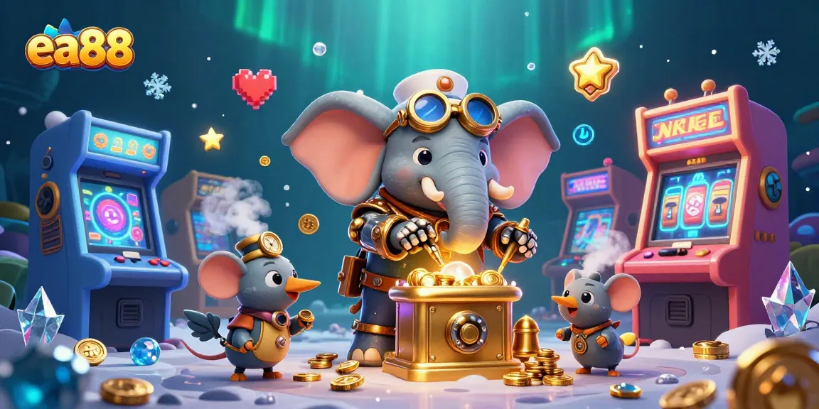 Spin the golden slot machine at ea88 with a 3D steampunk elephant engineer in a vibrant casino scene.
