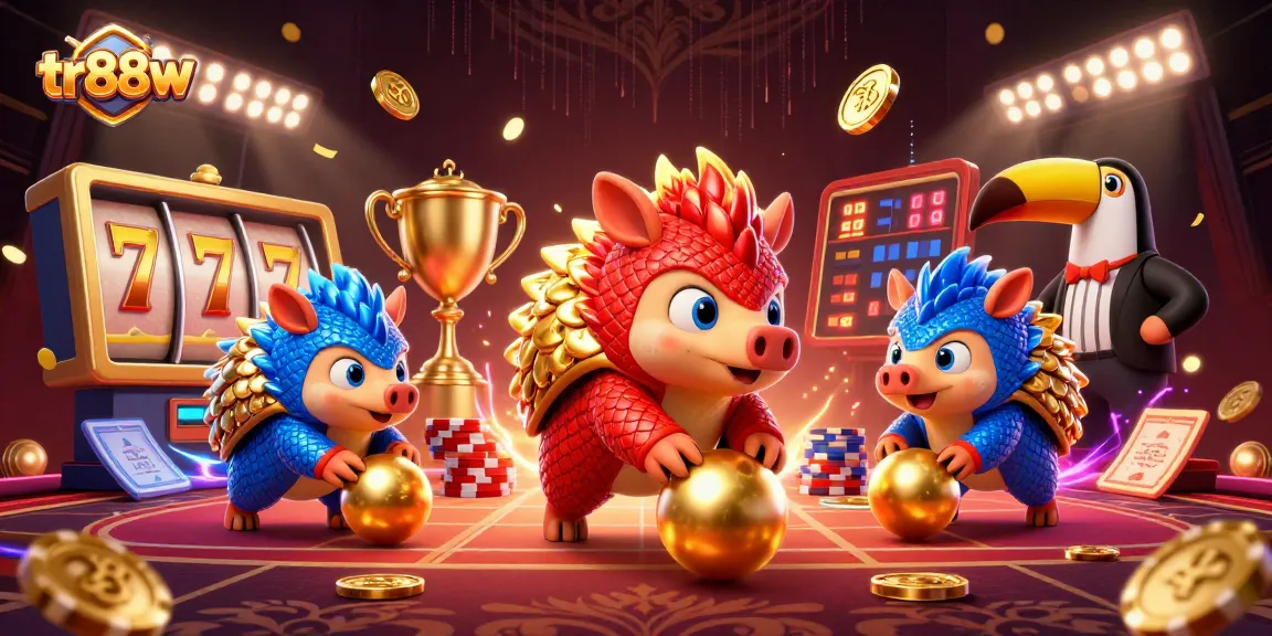 tr88w pangolins competing in a vibrant casino scene with dynamic slot game elements.