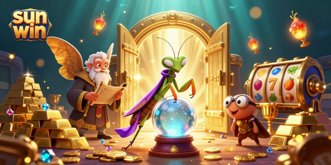 Experience the thrill of sun win with a mystical scene of fortune-telling and slot games in a vibrant atmosphere.