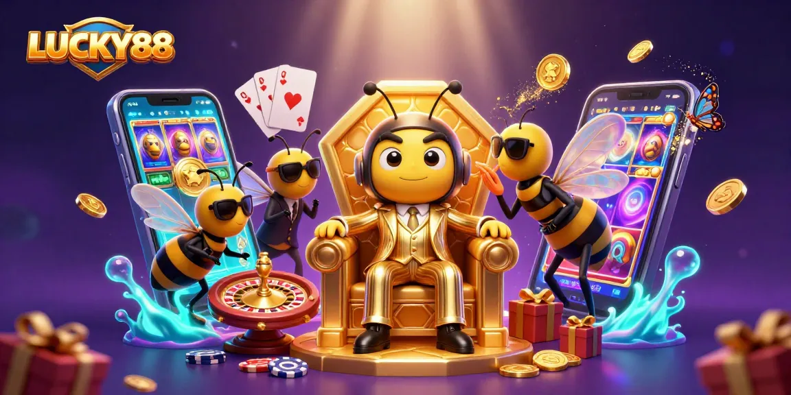 LUCKY88 showcases an energetic casino scene with a bumblebee mob boss and thrilling games.