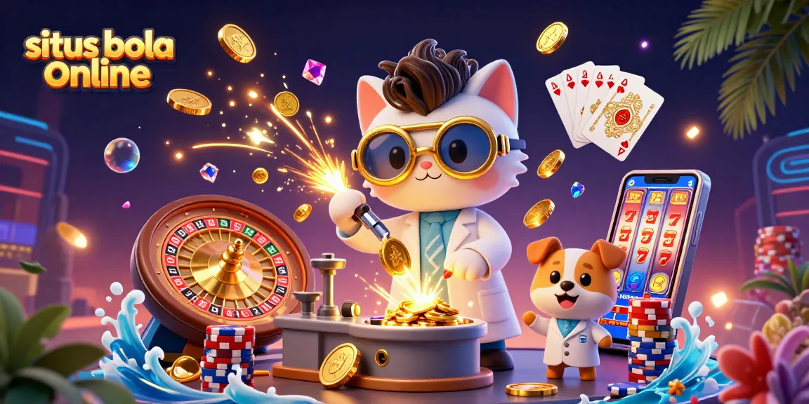 Exciting situs bola online scene featuring a mad scientist cat and dog with dynamic casino elements.