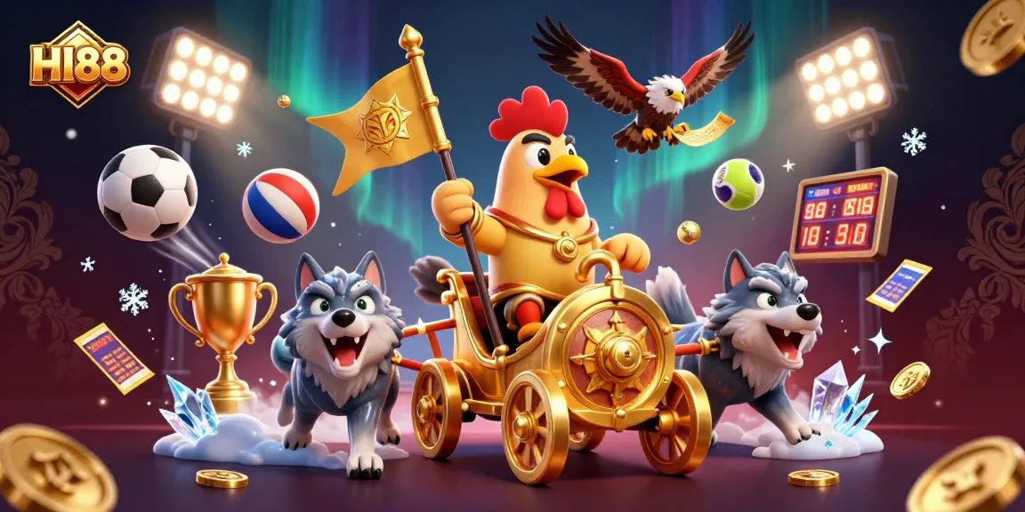 Engage in thrilling betting action with HI88 as the rooster warlord leads fierce wolves in a fast-paced sports scene.