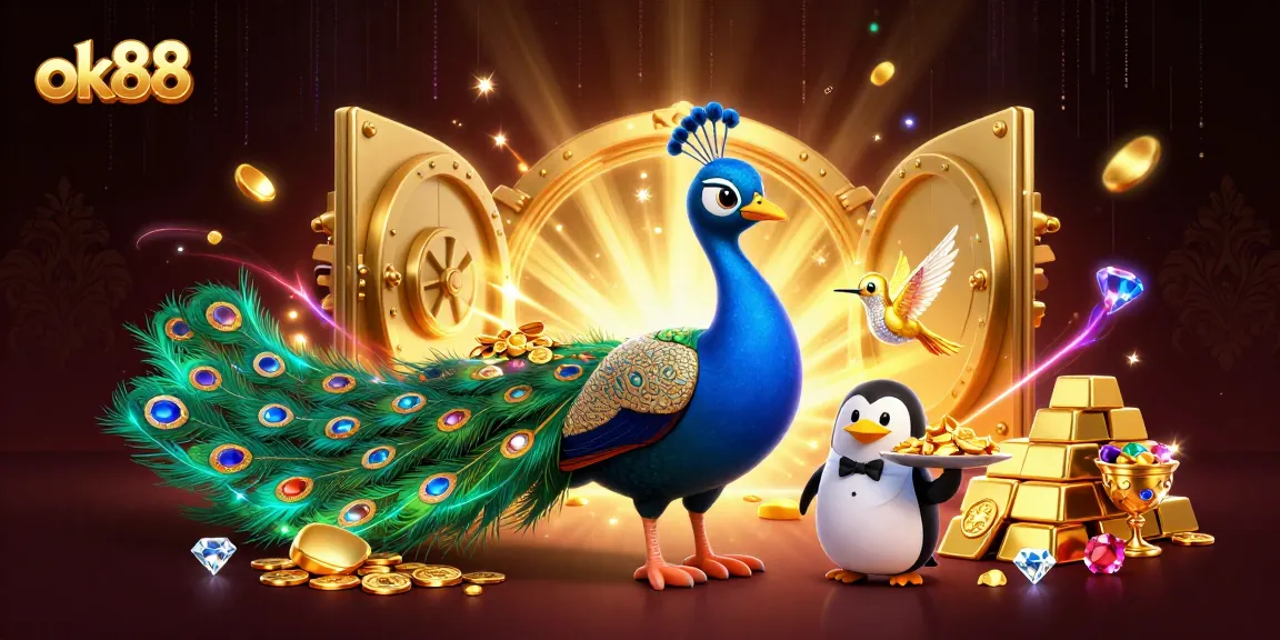 Experience the excitement of ok88 with a lavish 3D casino scene featuring vibrant characters and dazzling treasures.