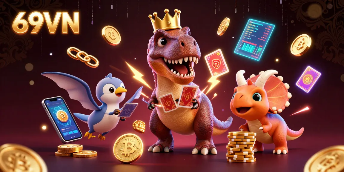 Experience thrilling gaming at 69VN with vibrant characters amid glowing cryptocurrencies and dynamic casino elements.