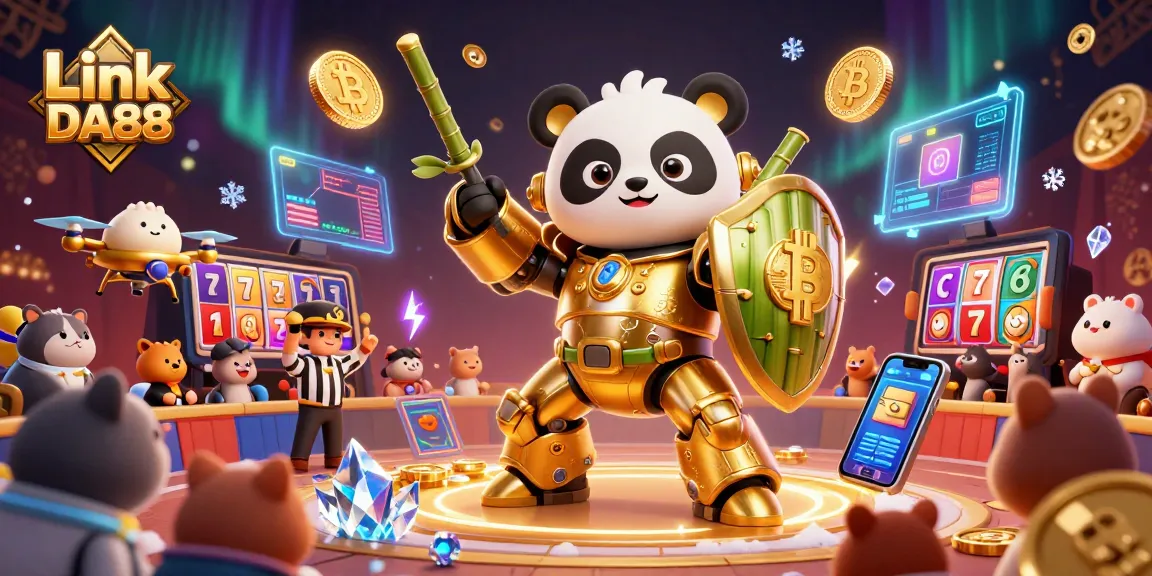 Play at Link DA88 while enjoying vibrant 3D casino action with golden panda and crypto elements.