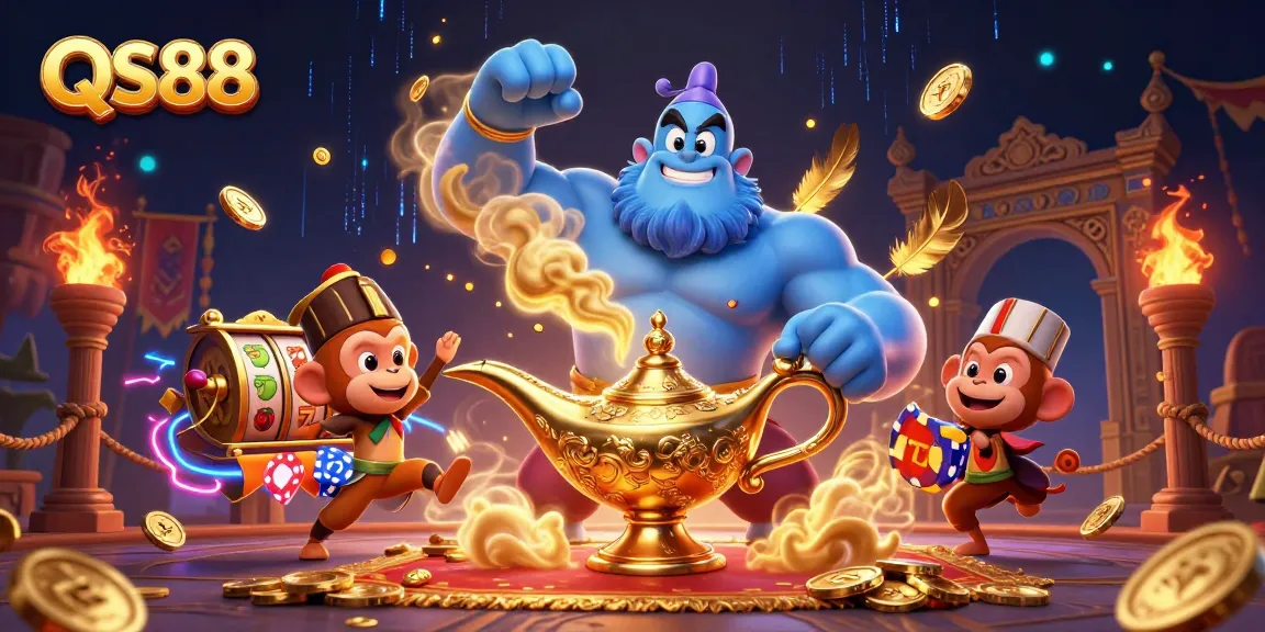 Spin the reels with QS88's vibrant, magical casino scene featuring a genie and poker chips.
