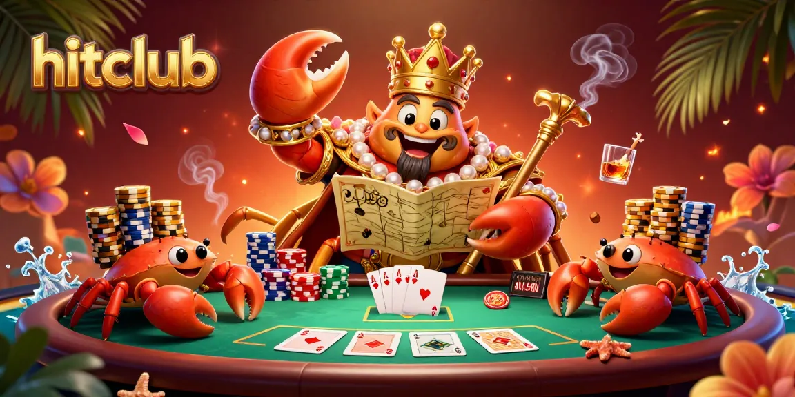 Hitclub's golden crab emperor reigns over a lavish poker scene with colorful chips and cards.