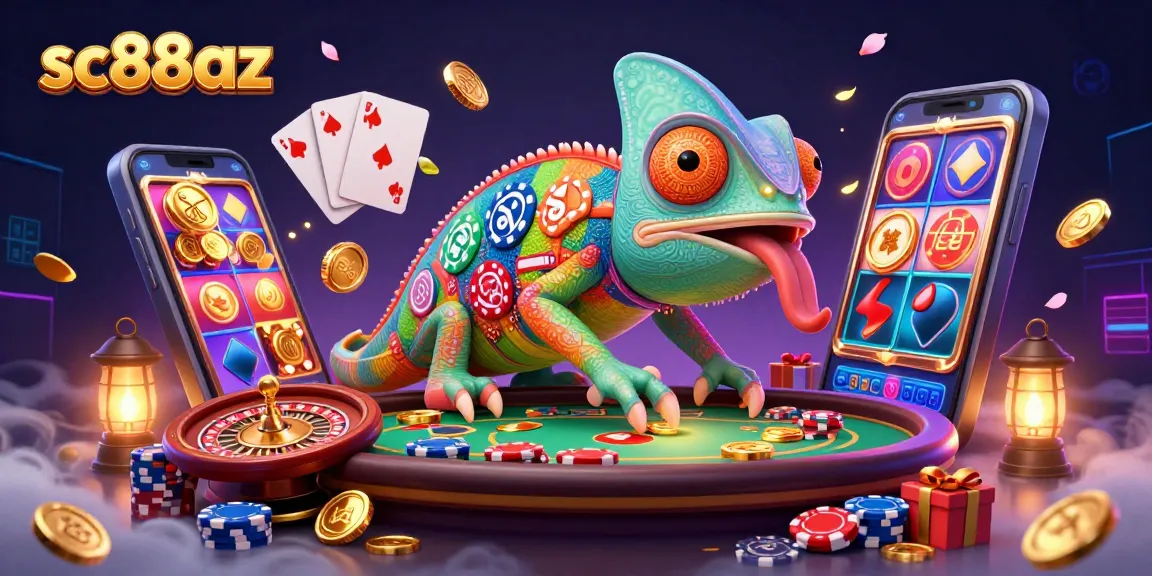 Experience thrilling casino action with the vibrant sc88az illustration showcasing a chameleon owner and exciting game elements.