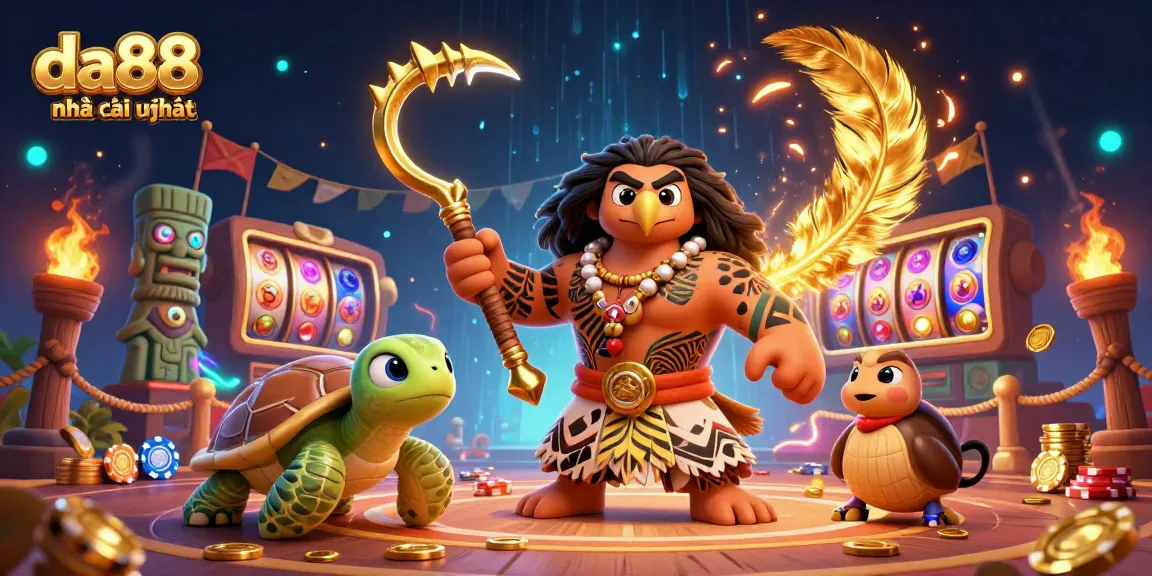Engage with da88 nhà cái uy tín gaming excitement featuring a Polynesian demigod in a vibrant casino scene.