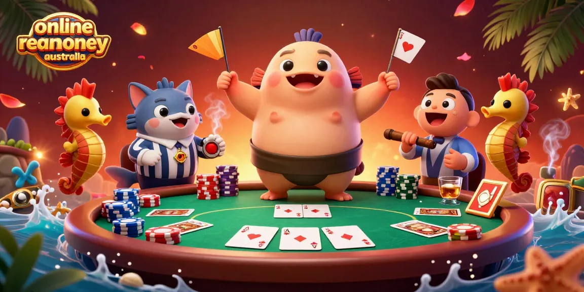 Engage with the exciting scene of online casino real money Australia featuring a vibrant 3D fugu and poker elements.
