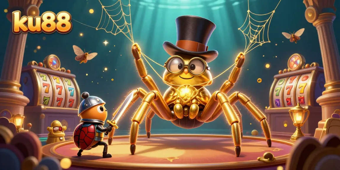 Experience the thrill of ku88 as the golden tarantula spins a jackpot web in a vibrant casino scene.
