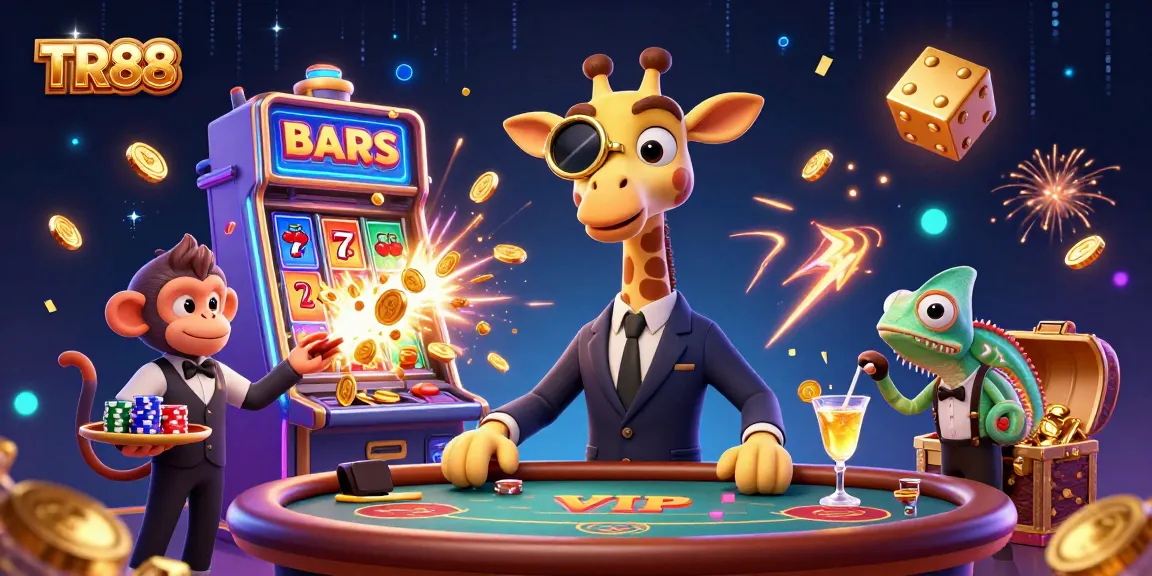 Experience the excitement of TR88 with a high-roller giraffe surrounded by casino games and riches.