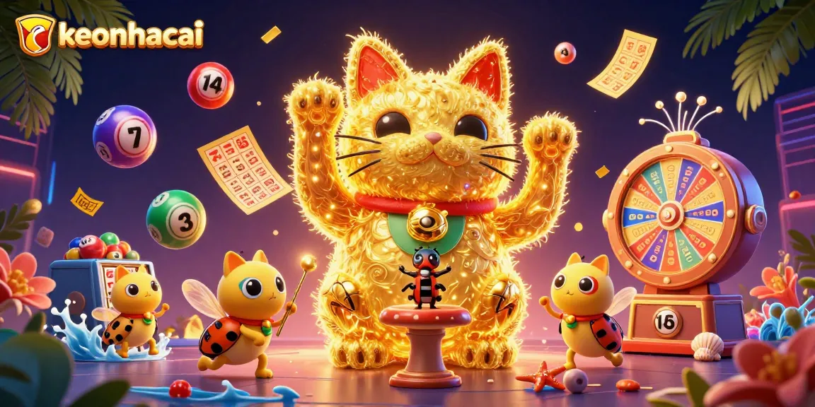 Celebrate with keonhacai's vibrant gaming scene featuring a lucky cat and dynamic casino symbols.