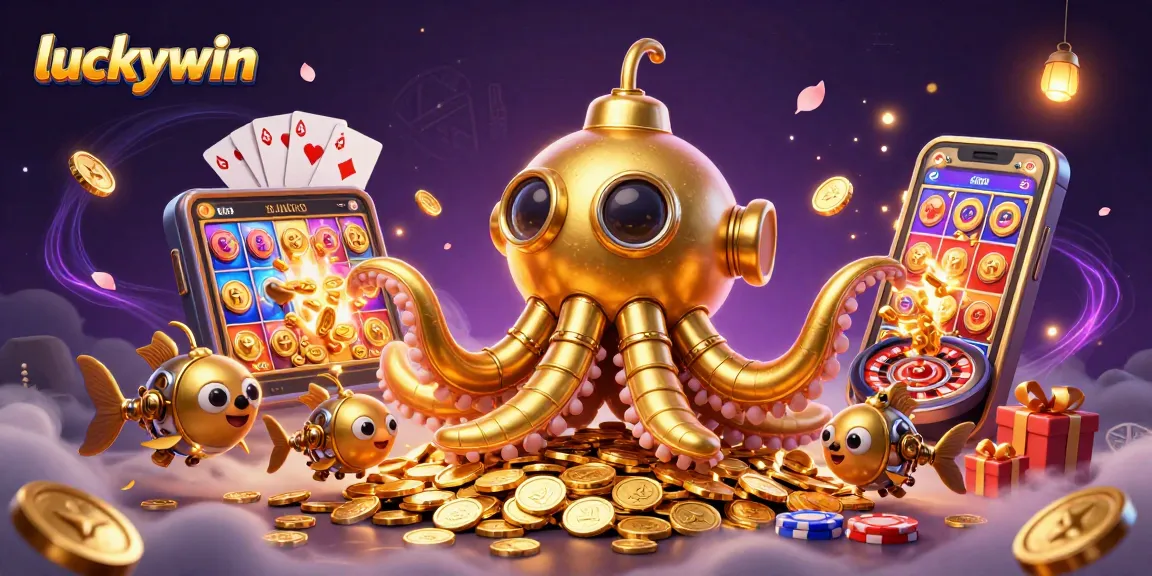 Engage in thrilling luckywin adventures with a golden kraken submarine and slot games.