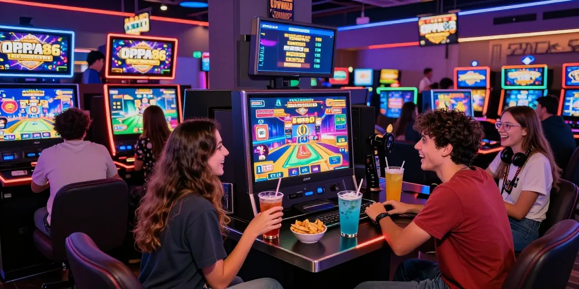 OPPA86 gaming lounge with friends enjoying slot games and daily free spins in a vibrant setting.