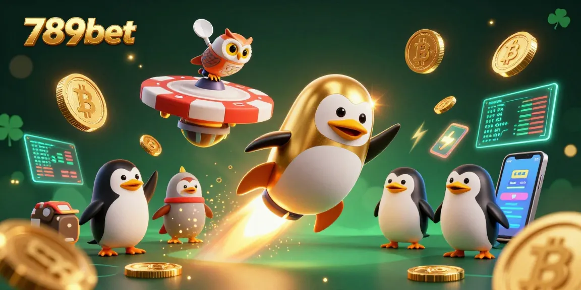 Experience exhilarating gaming with 789bet and a golden penguin in a cosmic casino scene.